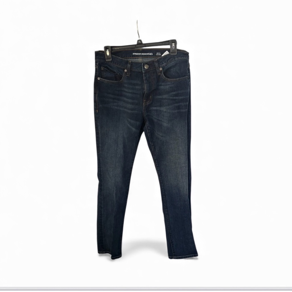 Amazon Essentials men's skinny-fit high stretch jeans in a dark wash. 32W X 30L
